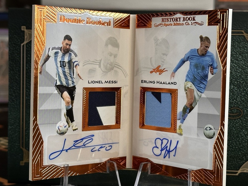 Leaf History Book Double Booked Messi/Haaland Dual Auto Used Patches 25/25 GRAIL