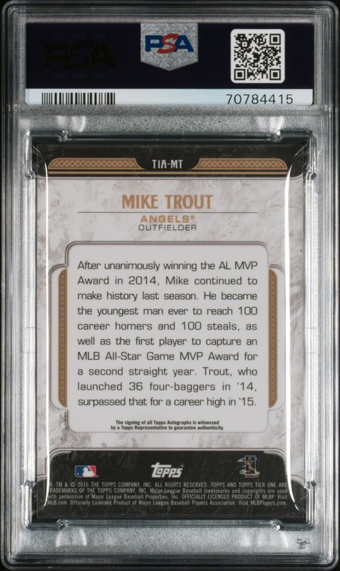 Mike Trout 2016 Topps Tier One Autographs #T1AMT 40/50 Auto PSA 9 view 2