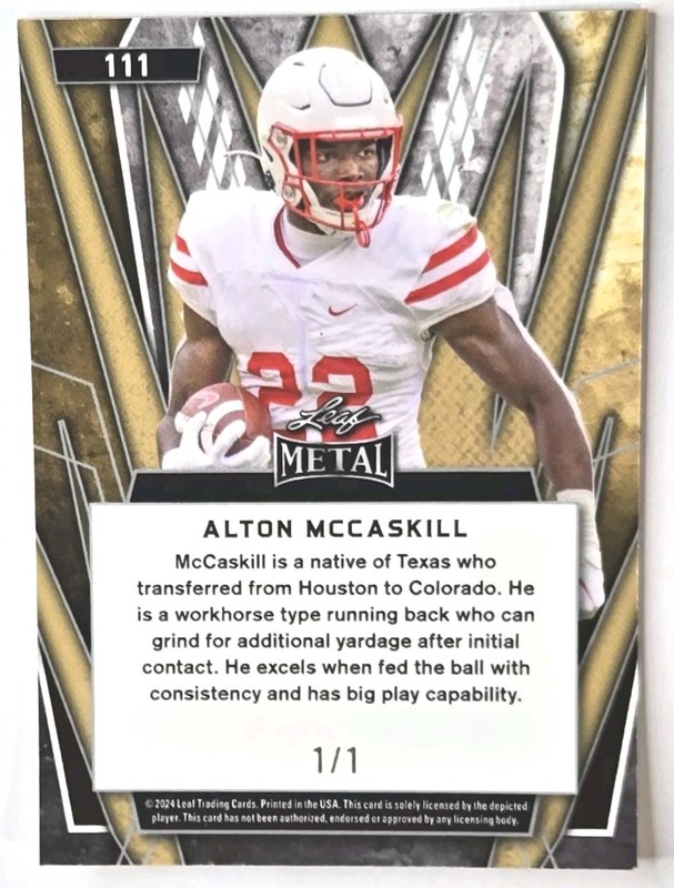 ALTON MCCASKILL 1/1 AUTO 2024 LEAF METAL FOOTBALL RED FLOOD GOLD XRC SUPERFRACTR view 2