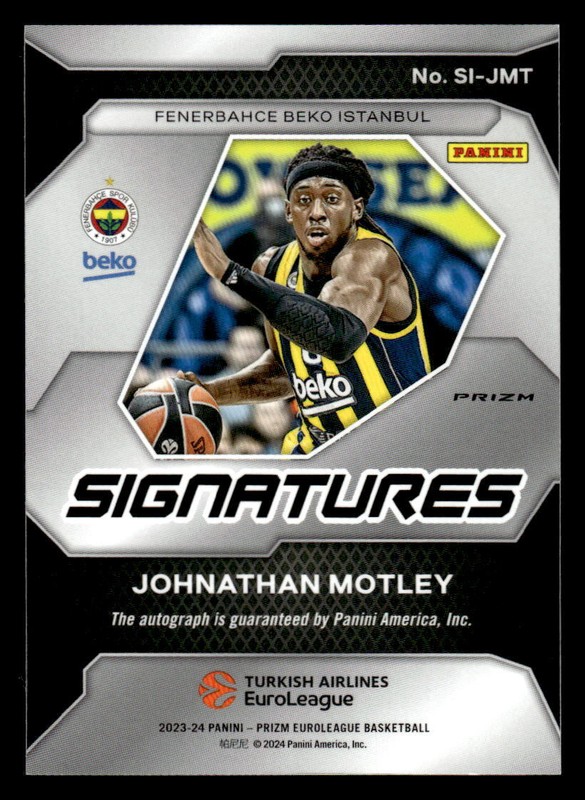 Jonathan Motley 2023 Panini Prizm Turkish EuroLeague Prizm Auto #SI-JMT view 2