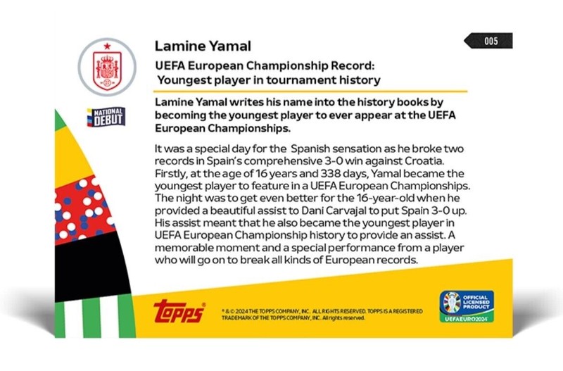 Topps Now UEFA EURO 2024 LAMINE YAMAL Youngest Player National Debut #005 SPAIN view 2
