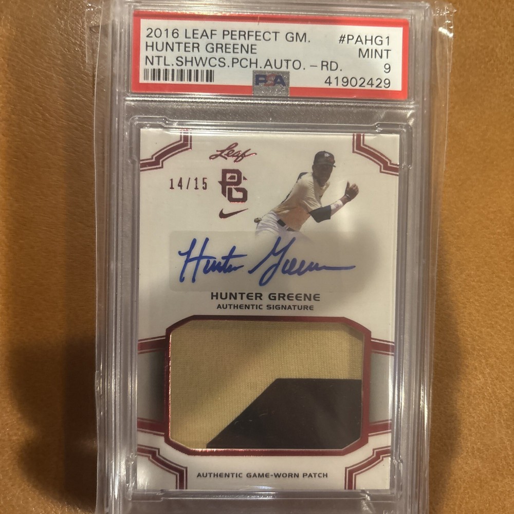 2016 Leaf Perfect Game Hunter Greene 14/15 Game Worn Patch Auto PSA 9 RPA Reds🔥 view 1