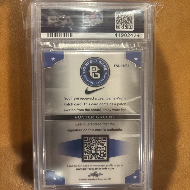 2016 Leaf Perfect Game Hunter Greene 14/15 Game Worn Patch Auto PSA 9 RPA Reds🔥 view 2