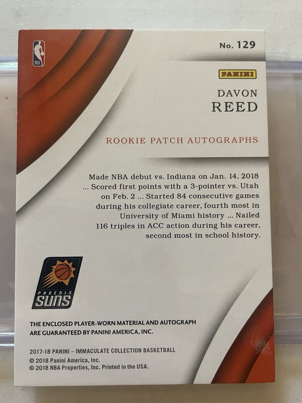 2017-18 Panini Immaculate Jersey Number /32 Davon Reed RPA Rookie Patch Auto RC view 2