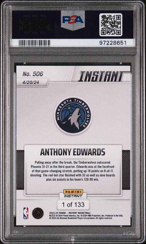 2023 PANINI INSTANT #506 ANTHONY EDWARDS PSA 9 view 2