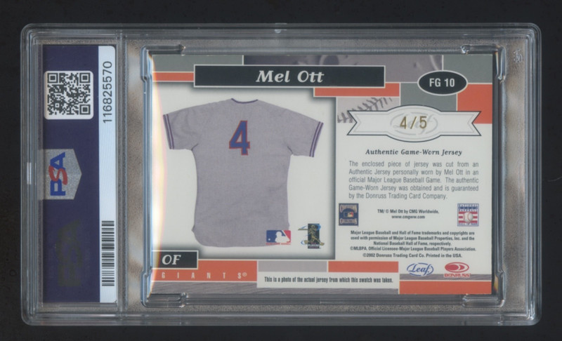 2002 Leaf Certified MEL OTT GAME WORN USED 3 COLOR PATCH JERSEY #D 4/5  JRY# PSA view 2