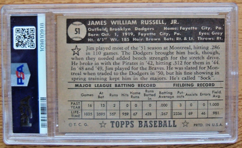 1952 Topps PSA 5 EX #51 Jim Russell Black Back Brooklyn Dodgers view 2