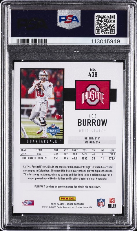 2020 PANINI SCORE #438 JOE BURROW ROOKIE RC PSA 9 view 2