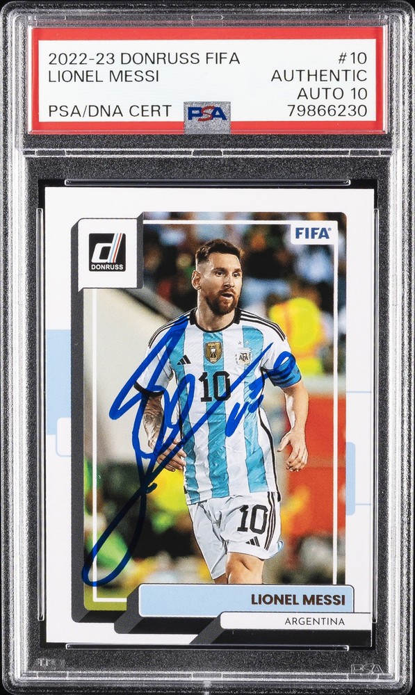 2022 PANINI DONRUSS FIFA #10 LIONEL MESSI PSA AUTHENTIC AUTO 10