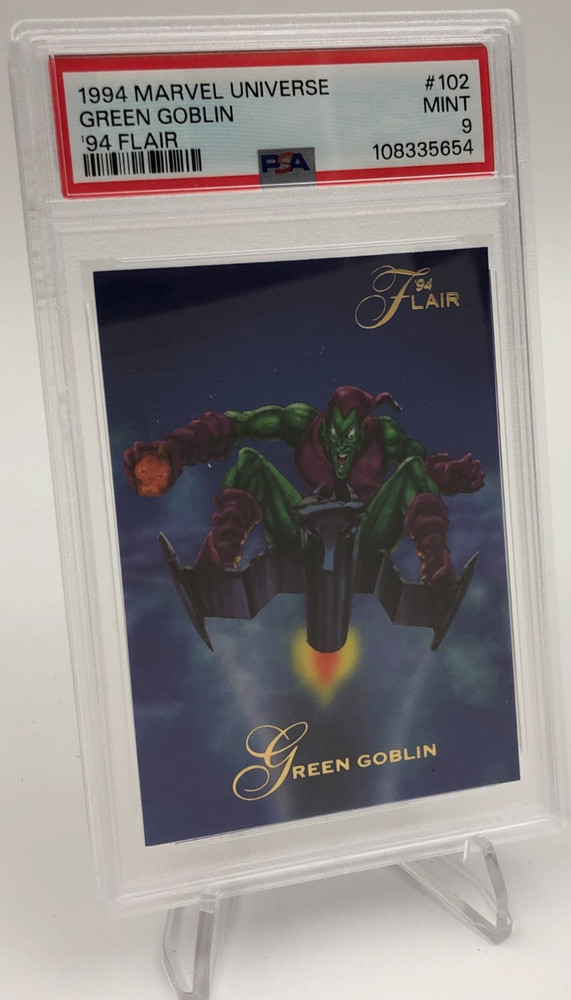 1994 MARVEL UNIVERSE Trading Card '94 FLAIR GREEN GOBLIN #102 graded PSA MINT 9