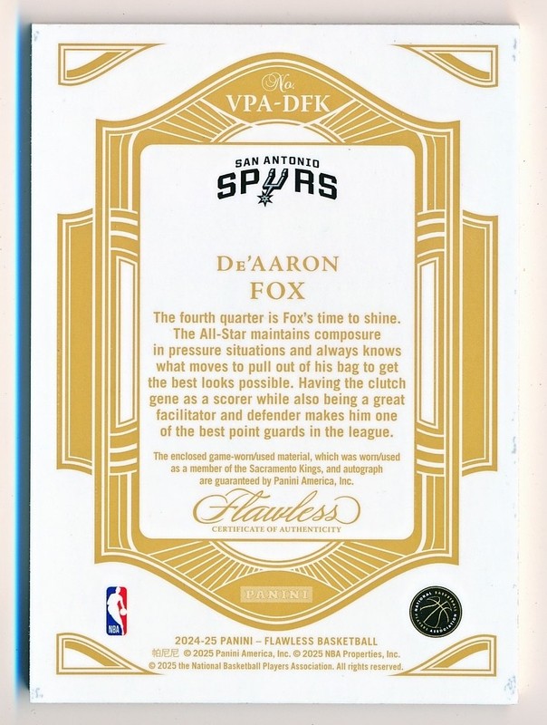 2024-25 Flawless De'Aaron Fox Vertical Blue Tag Patch Auto #VPA-DFK (1/3) view 2