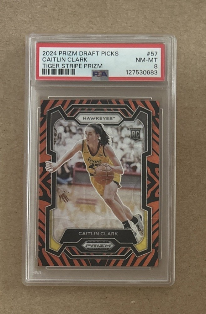 2024 Prizm Draft WNBA Caitlin Clark Tiger Stripe SSP Rookie Card #57 PSA 8