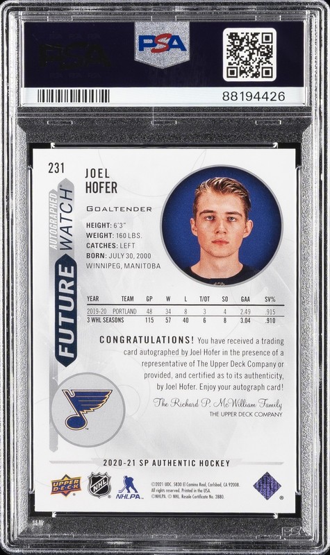 2020 SP AUTH AUTO #231 JOEL HOFER 95/999 PSA 10 view 2