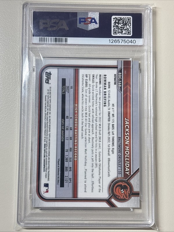 2022 Bowman Draft Chrome Jackson Holliday PSA 9 #BDC-168 Refractor (RC) view 2