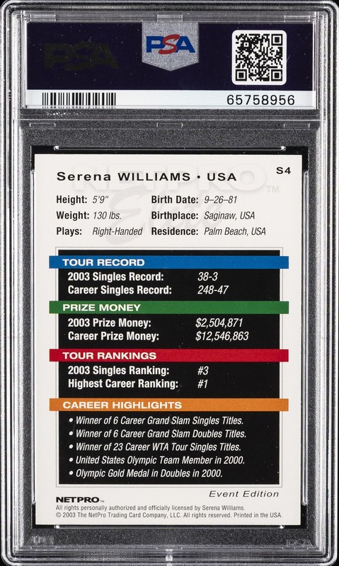 2003 NETPRO ELITE EVENT STARTER #S4 SERENA WILLIAMS PSA 10 view 2