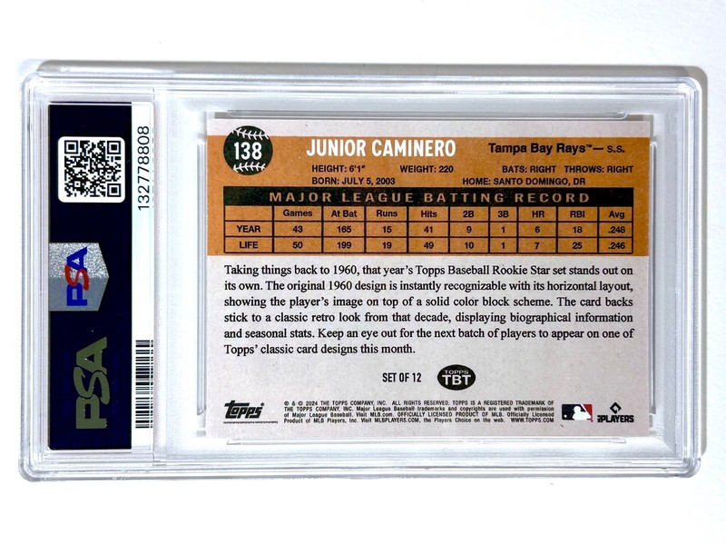 2024 Topps TBT Throwback Thursday JUNIOR CAMINERO #138 PSA-10 Tampa Bay RAYS-RC view 2