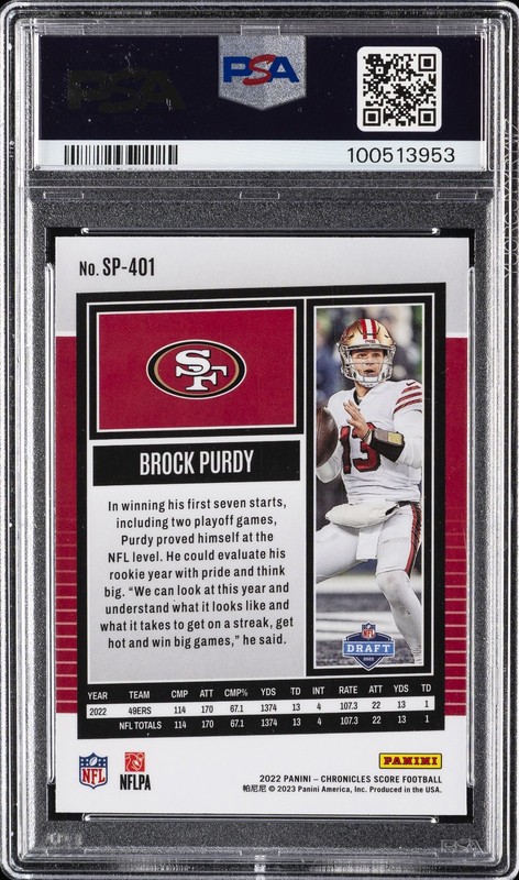 2022 PANINI CHRONICLES SCORE PREM ROOKIES UPDATE BROCK PURDY ROOKIE RC PSA 9 view 2