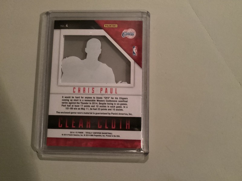 2014-15 Panini Totally Certifed Chris Paul Clear Cloth Game-Used Jersey Card view 2