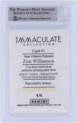 Zion Williamson Pelicans Autographed 2020-21 Panini Immaculate #1 #1/1 BAS Card view 2