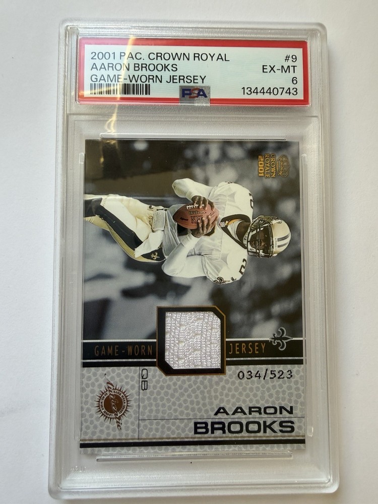 AARON BROOKS 2001 PACIFIC CROWN ROYALE GAME-WORN JERSEY PATCH #D /523 PSA 6 EX