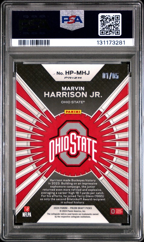 2024 PANINI PRIZM DRAFT PICKS HYPE #HPMHJ MARVIN HARRISON JR. 1/5 PSA 9 view 2