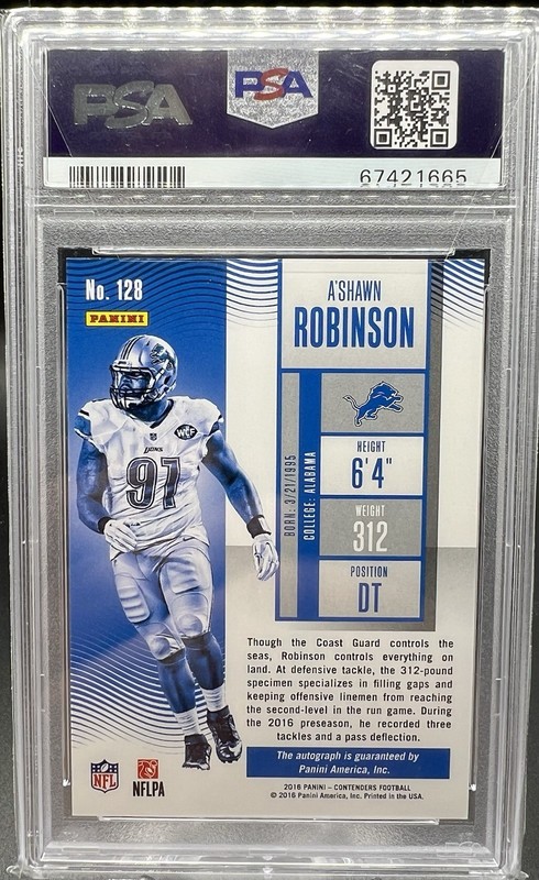 2016 Contenders A’SHAWN ROBINSON #128 Rookie RC Playoff Ticket Auto 20/199 PSA 9 view 2