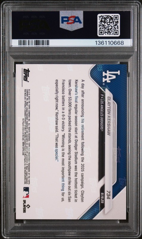 2025 Topps Now #734 Clayton Kershaw PSA 10 LA Dodgers Hollywood Ending Legendary view 2