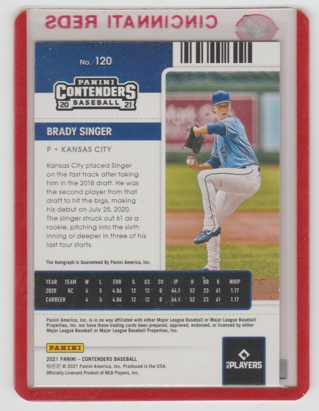 BRADY SINGER 2021 Contenders ROOKIE TICKET Autograph SP RC AUTO in REDS holder view 2