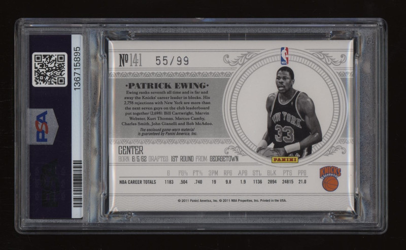 2010-11 Patrick Ewing PSA 10 National Treasures Game Worn Patch #55/99 POP1 view 2