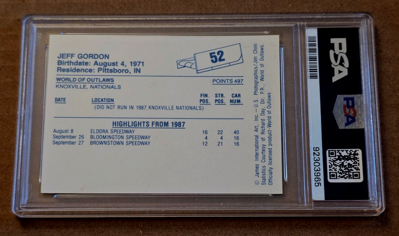 1987 World of Outlaws #52 Jeff Gordon Rookie Card PSA 10 Gem Mint view 2