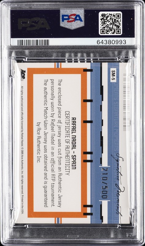 2005 ACE AUTH SIG MOMENTS MATCH WORN #SM-5 RAFAEL NADAL 210/500 PSA 10 AUTO view 2