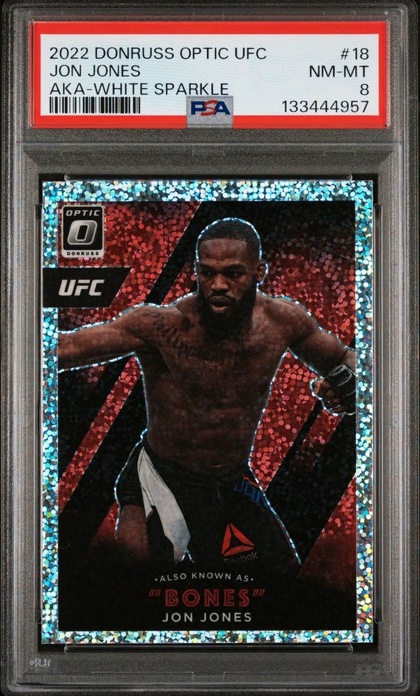 2022 PANINI DONRUSS OPTIC UFC ALSO KNOWN AS WHITE SPARKLE #18 JON JONES PSA 8