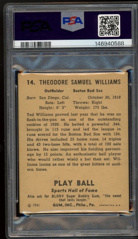 1941 Play Ball #14 Ted Williams PSA 1.5 FAIR. Boston Red Sox view 2
