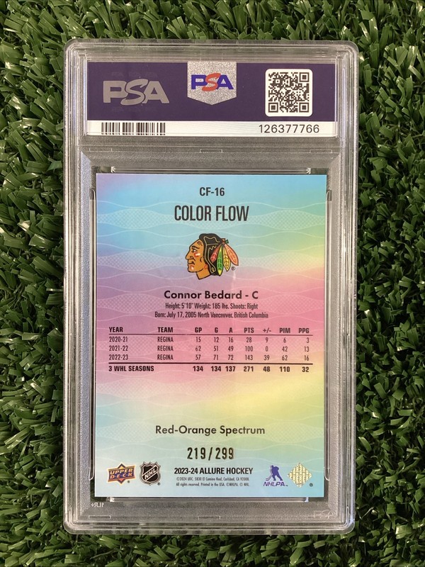 Connor Bedard 2023-24 UD Allure Color Flow Red-Orange Spectrum /299 PSA 10 (RC) view 2