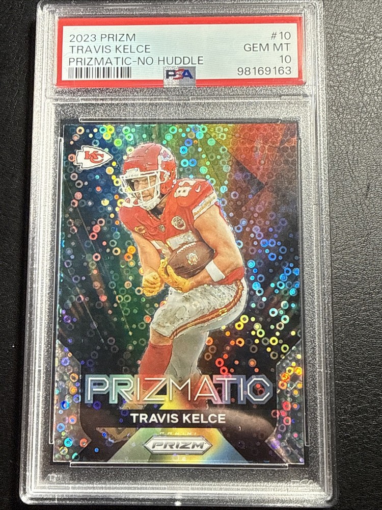 2023 Panini Prizm Prizmatic Travis Kelce #10 No Huddle PRIZM PSA 10