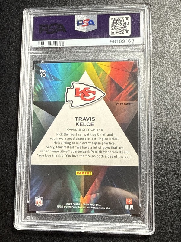 2023 Panini Prizm Prizmatic Travis Kelce #10 No Huddle PRIZM PSA 10 view 2
