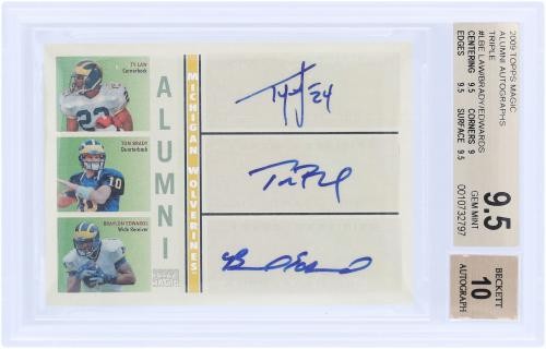 Law, TomBrady & Edwards Michigan Signed 2009 Topps ATA-LBE 15/25 BGS 9.5/10 Card view 2