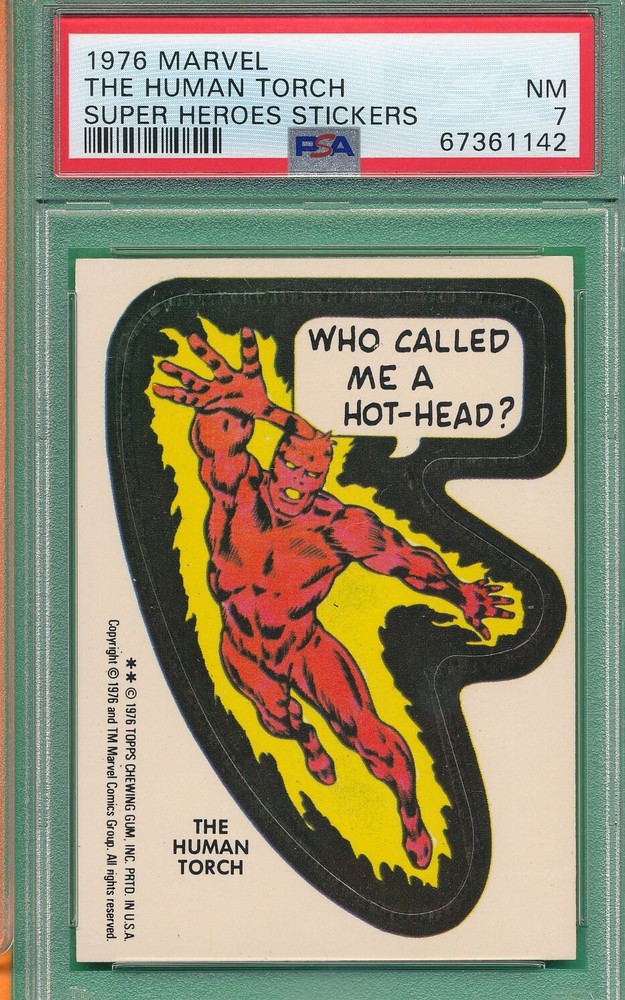 PSA 7 NM THE HUMAN TORCH SUPER HERO STICKER 1976 MARVEL COMIC HEROES TOPPS TPHLC