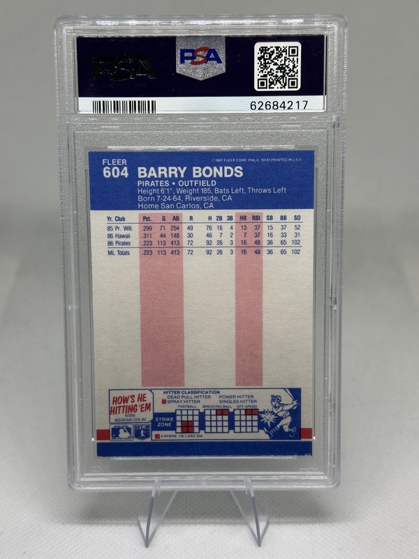 1987 Fleer Barry Bonds #604 RC -- PSA 9 MINT view 2