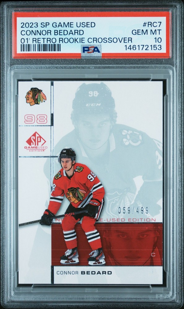 2023 UD SP GAME USED 2001 RETRO RC CROSSOVER #RC7 CONNOR BEDARD 59/499 PSA 10 view 1