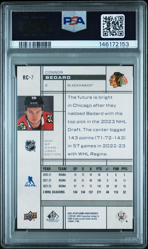 2023 UD SP GAME USED 2001 RETRO RC CROSSOVER #RC7 CONNOR BEDARD 59/499 PSA 10 view 2