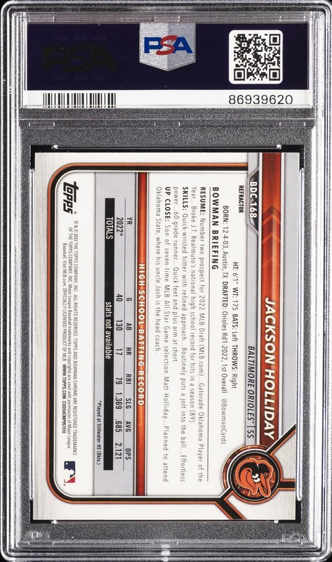 2022 BOWMAN DRAFT CHROME-REFRACTOR #BDC168 JACKSON HOLLIDAY PSA 9 view 2