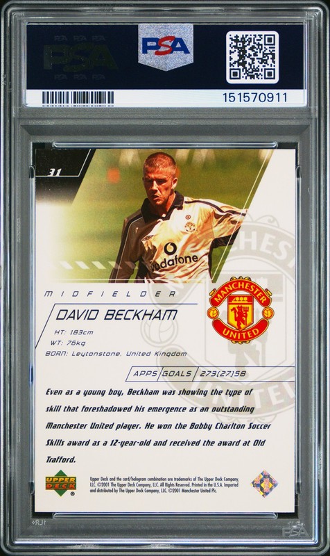 2001 UD MANCHESTER UNITED WORLD PREMIERE #31 DAVID BECKHAM PSA 8 view 2