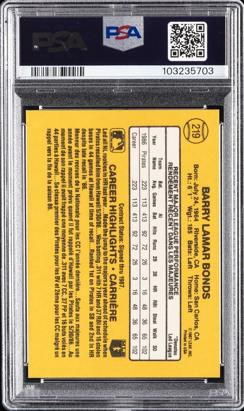 1987 LEAF #219 BARRY BONDS ROOKIE RC PSA 9 view 2