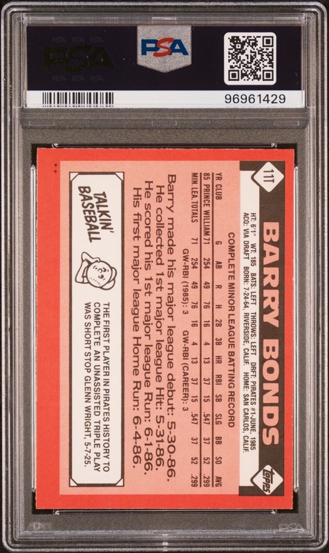 1986 TOPPS TRADED #11T BARRY BONDS ROOKIE RC PSA 7 view 2