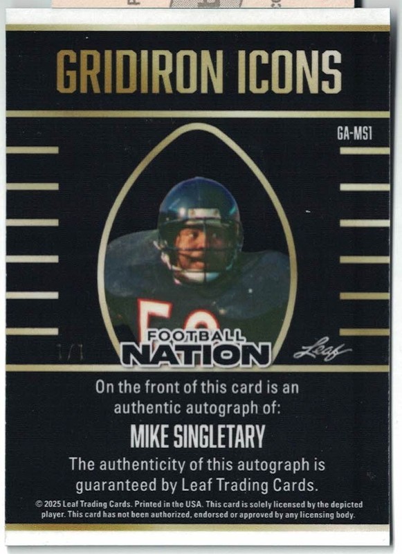 2025 Leaf Football Nation Gridiron Icons Mike Singletary AUTO 1/1 (GA-MSI) view 2