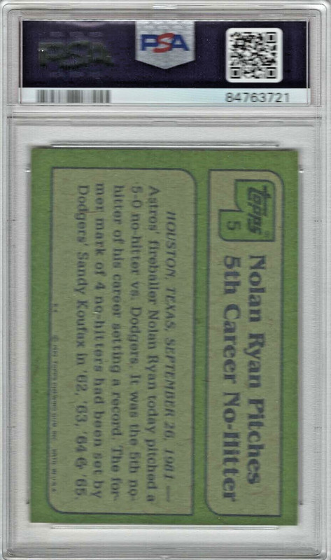 1982 TOPPS NOLAN RYAN #5 PSA 6 EX-MT view 2