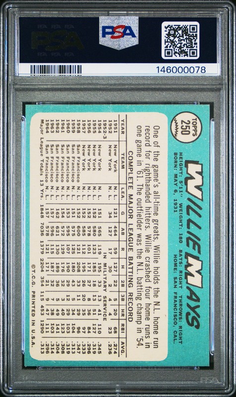 1965 TOPPS #250 WILLIE MAYS PSA 7 view 2