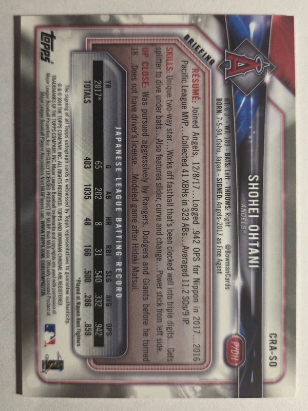 Shohei Ohtani 2018 Bowman Chrome Auto view 2