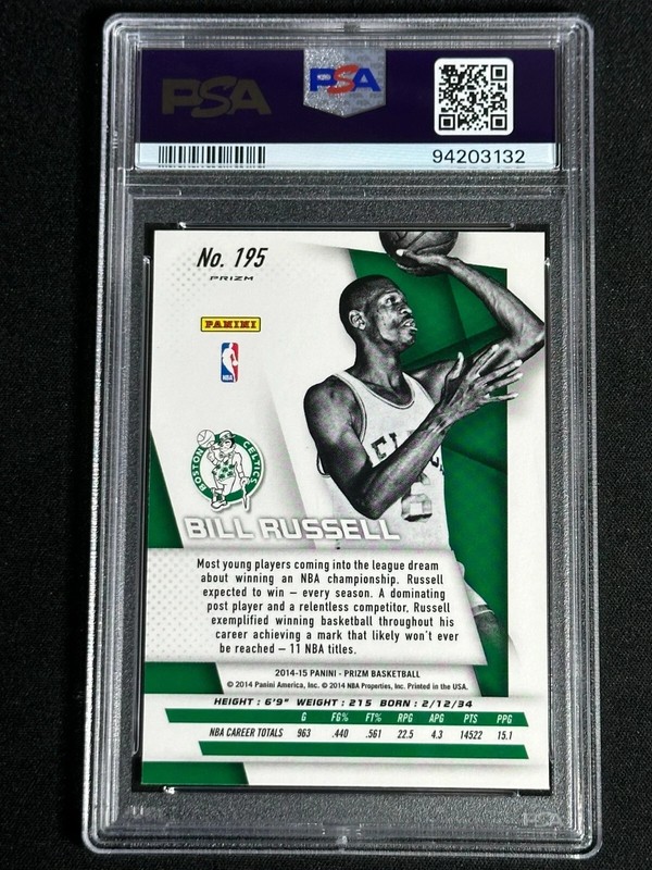 2014 Panini Prizm Green Bill Russell #195 PSA 10 GEM MINT SP Celtics Color Match view 2